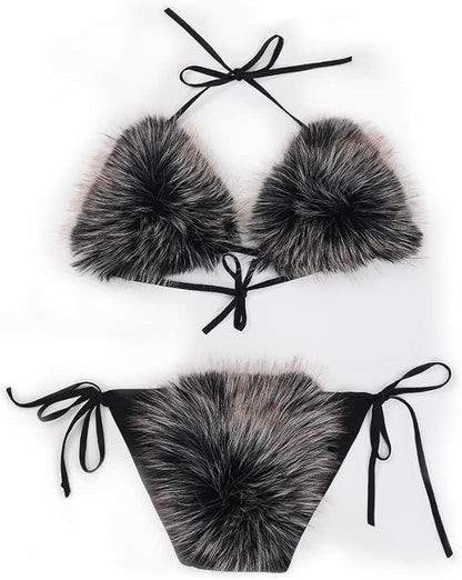 Women's Faux Fur Halter String Triangle Bikini Sets Two Piece Swimsuits - Seldom Seen Styles
