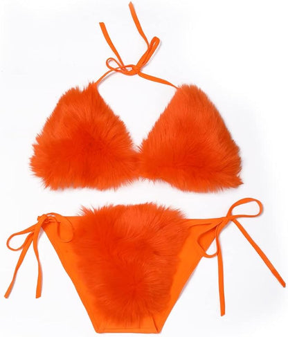 Women's Faux Fur Halter String Triangle Bikini Sets Two Piece Swimsuits - Seldom Seen Styles