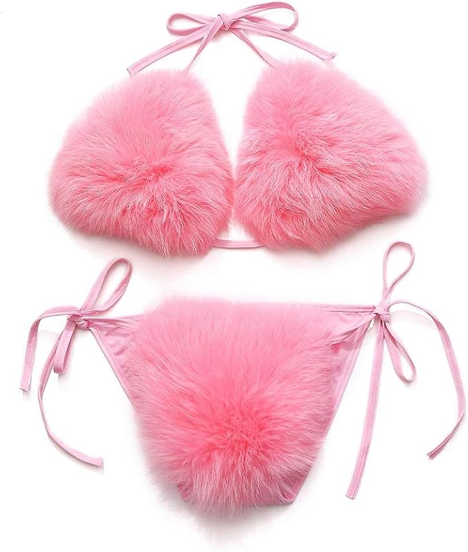 Women's Faux Fur Halter String Triangle Bikini Sets Two Piece Swimsuits - Seldom Seen Styles