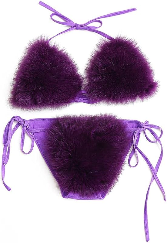 Women's Faux Fur Halter String Triangle Bikini Sets Two Piece Swimsuits - Seldom Seen Styles