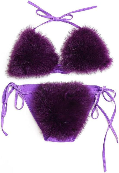 Women's Faux Fur Halter String Triangle Bikini Sets Two Piece Swimsuits - Seldom Seen Styles