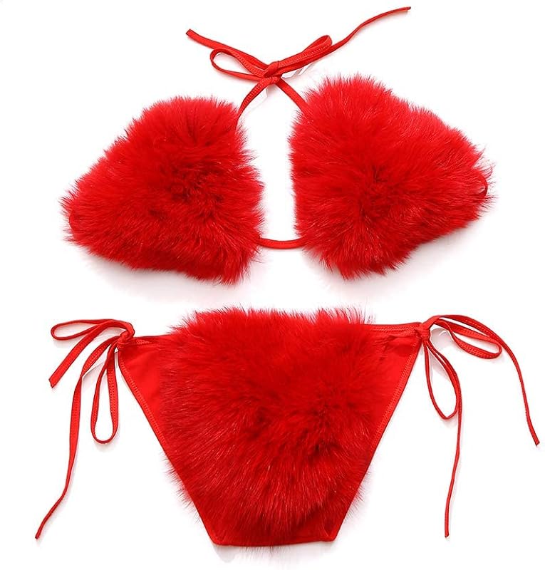 Women's Faux Fur Halter String Triangle Bikini Sets Two Piece Swimsuits - Seldom Seen Styles