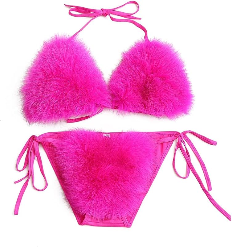 Women's Faux Fur Halter String Triangle Bikini Sets Two Piece Swimsuits - Seldom Seen Styles