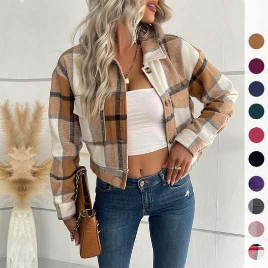 Women's Flannel Cropped Plaid Shacket Jacket Button Down Long Sleeve Shirts Tops - Seldom Seen Styles