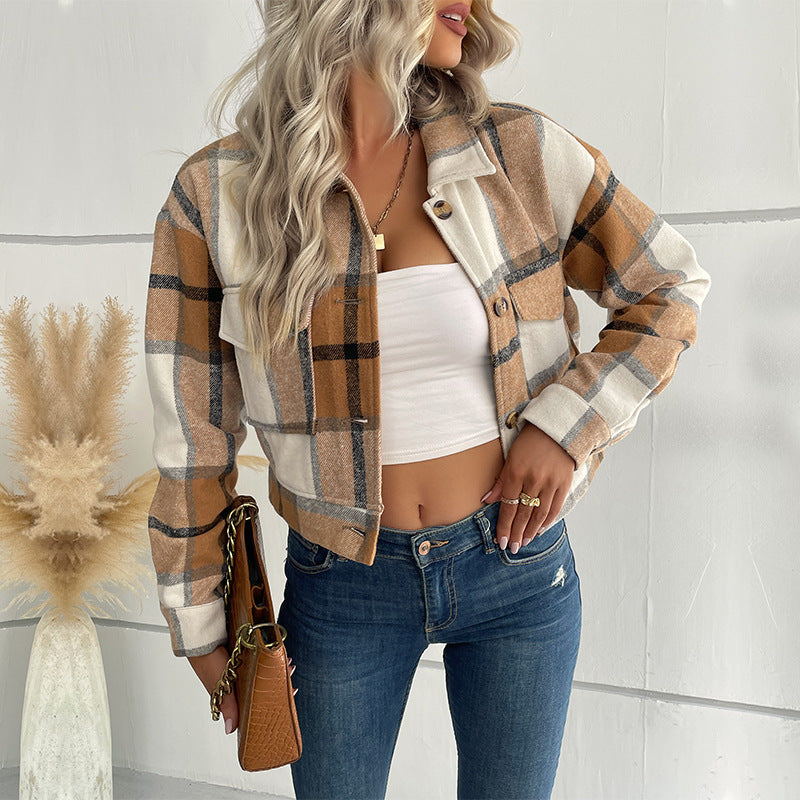 Women's Flannel Cropped Plaid Shacket Jacket Button Down Long Sleeve Shirts Tops - Seldom Seen Styles
