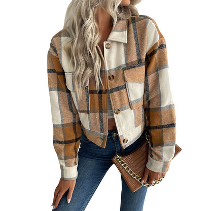 Women's Flannel Cropped Plaid Shacket Jacket Button Down Long Sleeve Shirts Tops - Seldom Seen Styles
