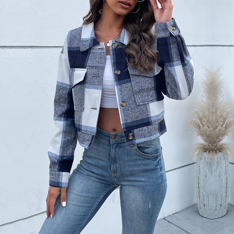 Women's Flannel Cropped Plaid Shacket Jacket Button Down Long Sleeve Shirts Tops - Seldom Seen Styles