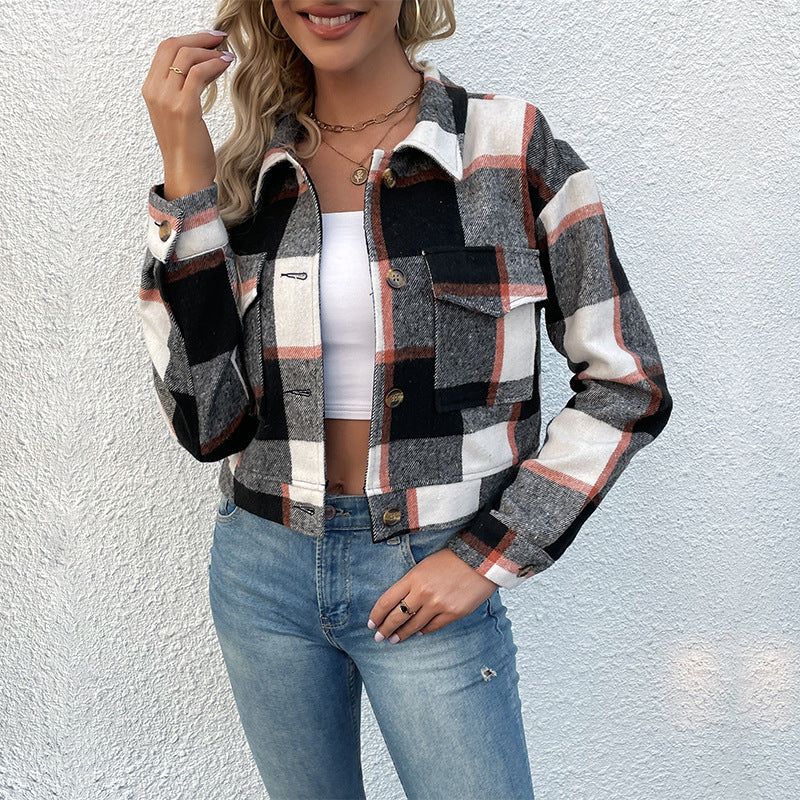 Women's Flannel Cropped Plaid Shacket Jacket Button Down Long Sleeve Shirts Tops - Seldom Seen Styles
