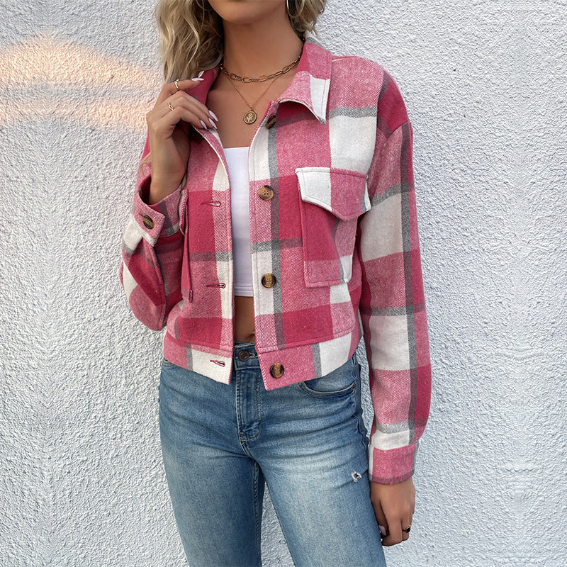 Women's Flannel Cropped Plaid Shacket Jacket Button Down Long Sleeve Shirts Tops - Seldom Seen Styles