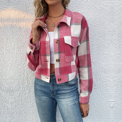 Women's Flannel Cropped Plaid Shacket Jacket Button Down Long Sleeve Shirts Tops - Seldom Seen Styles