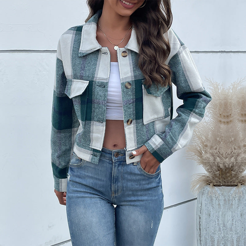 Women's Flannel Cropped Plaid Shacket Jacket Button Down Long Sleeve Shirts Tops - Seldom Seen Styles