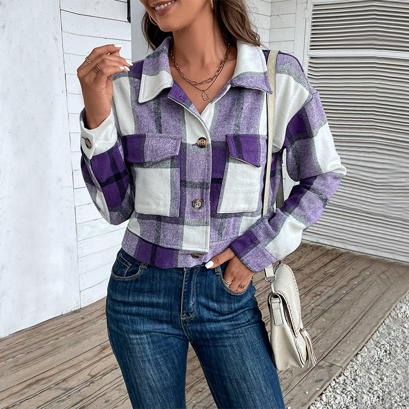 Women's Flannel Cropped Plaid Shacket Jacket Button Down Long Sleeve Shirts Tops - Seldom Seen Styles