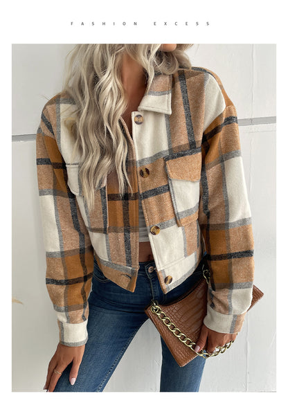 Women's Flannel Cropped Plaid Shacket Jacket Button Down Long Sleeve Shirts Tops - Seldom Seen Styles