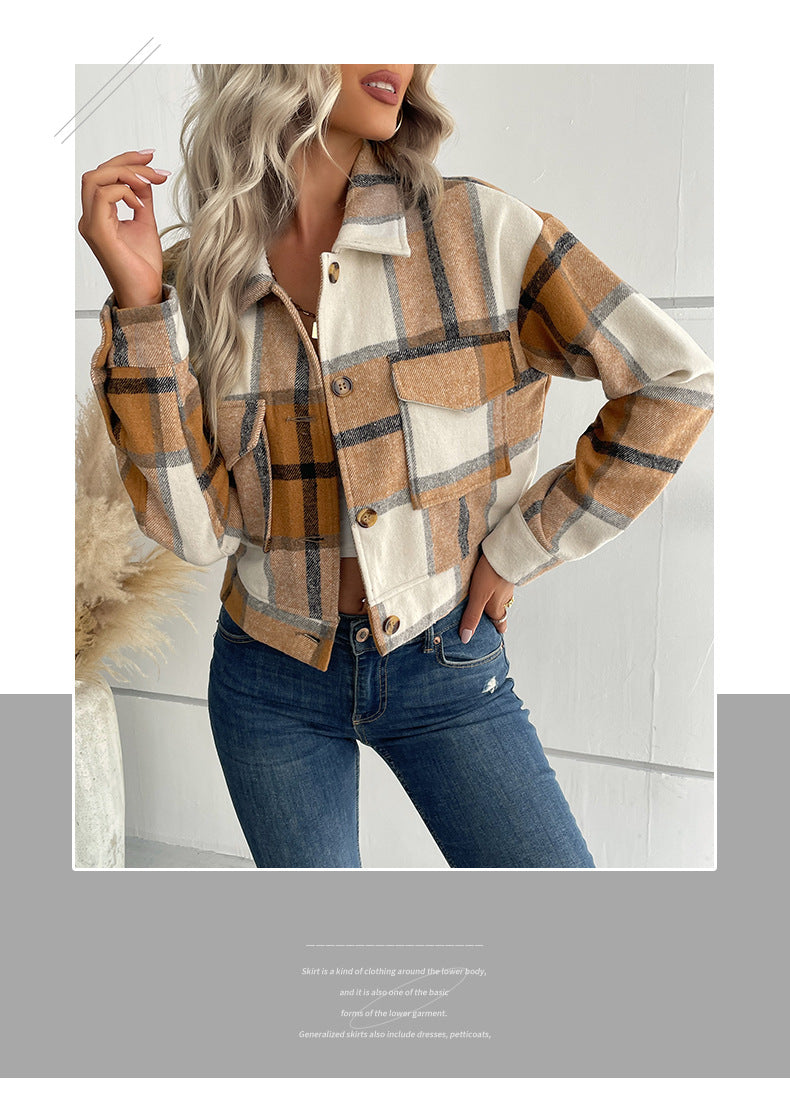 Women's Flannel Cropped Plaid Shacket Jacket Button Down Long Sleeve Shirts Tops - Seldom Seen Styles
