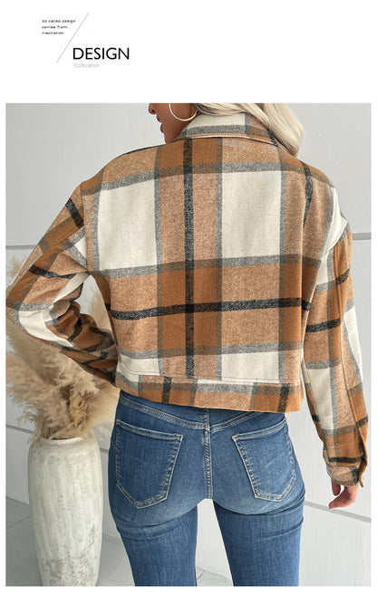 Women's Flannel Cropped Plaid Shacket Jacket Button Down Long Sleeve Shirts Tops - Seldom Seen Styles