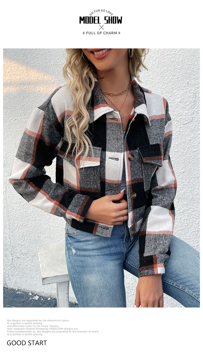Women's Flannel Cropped Plaid Shacket Jacket Button Down Long Sleeve Shirts Tops - Seldom Seen Styles