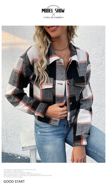 Women's Flannel Cropped Plaid Shacket Jacket Button Down Long Sleeve Shirts Tops - Seldom Seen Styles