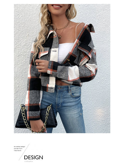 Women's Flannel Cropped Plaid Shacket Jacket Button Down Long Sleeve Shirts Tops - Seldom Seen Styles