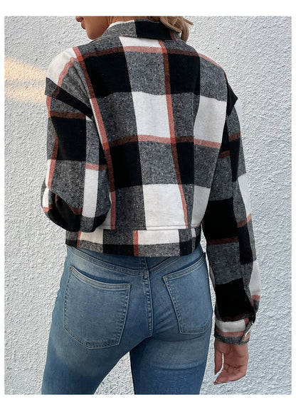 Women's Flannel Cropped Plaid Shacket Jacket Button Down Long Sleeve Shirts Tops - Seldom Seen Styles