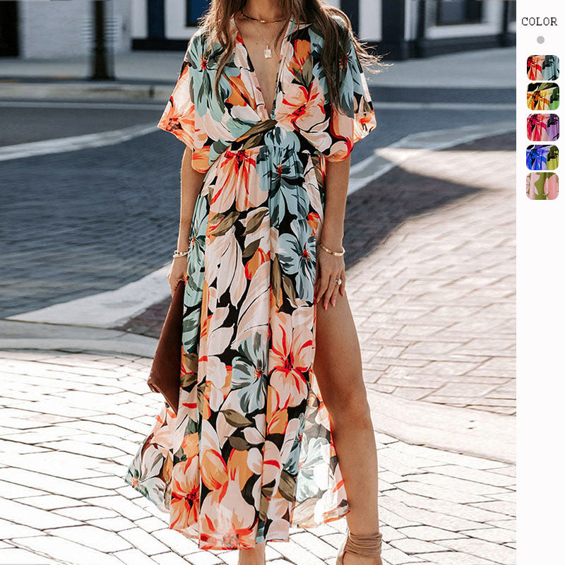 Women's Floral Print Split Thigh Long Dress, Boho Deep V Neck Batwing Sleeve A Line-Sundress,-Dresses for Women, Summer Dresses 2024, Back To School Clothes, Ladies Summer Clothes, Dresses for Women - Seldom Seen Styles
