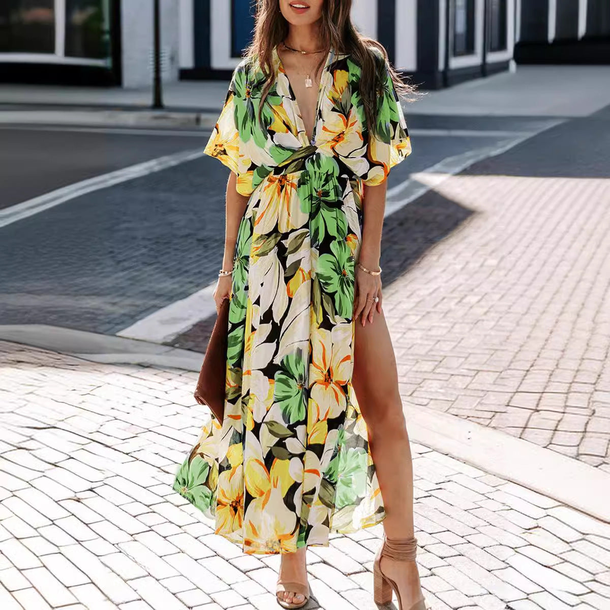 Women's Floral Print Split Thigh Long Dress, Boho Deep V Neck Batwing Sleeve A Line-Sundress,-Dresses for Women, Summer Dresses 2024, Back To School Clothes, Ladies Summer Clothes, Dresses for Women - Seldom Seen Styles