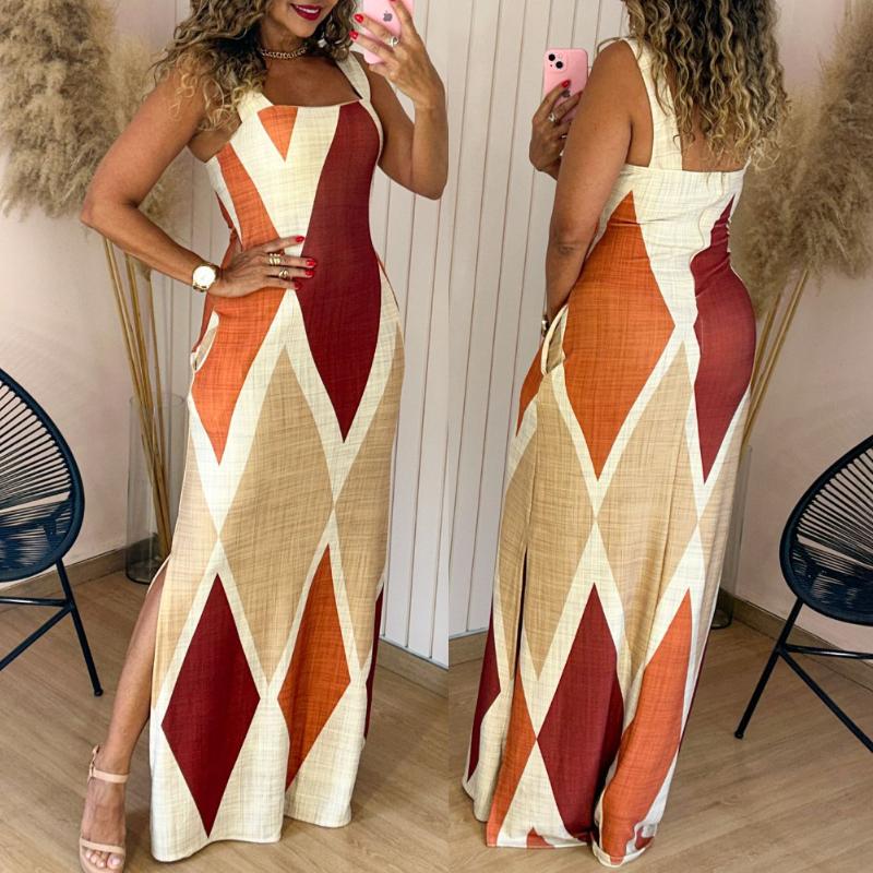 Women's Geometric Print Thick Strap Dress Casual Slim Fit Slit Maxi Dress with Pockets - Seldom Seen Styles