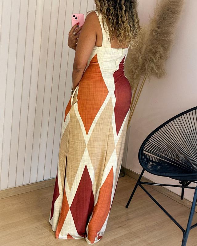 Women's Geometric Print Thick Strap Dress Casual Slim Fit Slit Maxi Dress with Pockets - Seldom Seen Styles