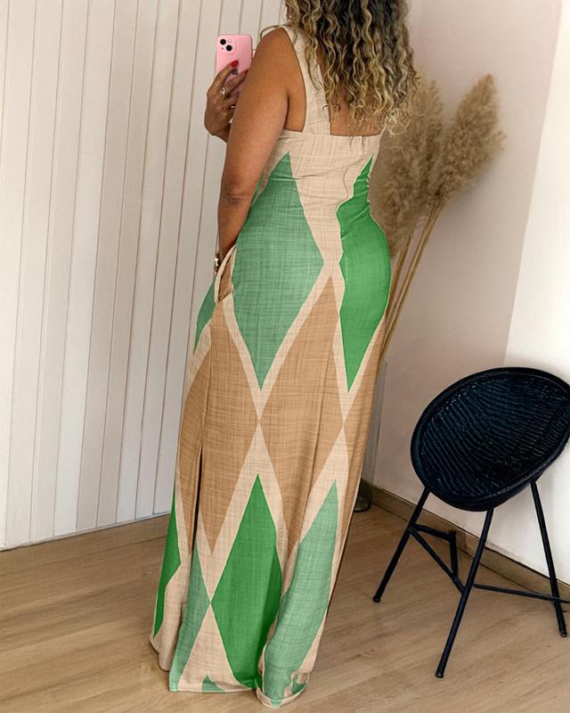 Women's Geometric Print Thick Strap Dress Casual Slim Fit Slit Maxi Dress with Pockets - Seldom Seen Styles