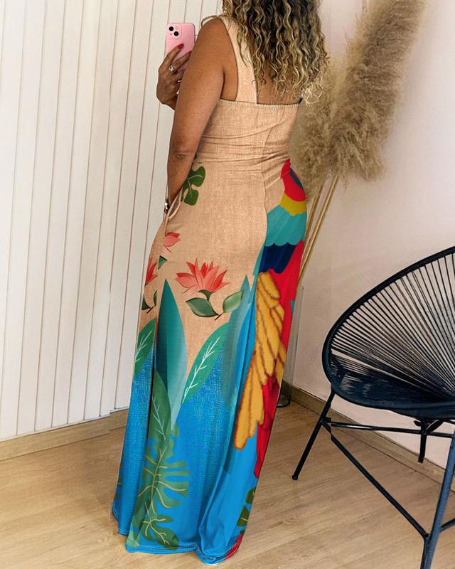 Women's Geometric Print Thick Strap Dress Casual Slim Fit Slit Maxi Dress with Pockets - Seldom Seen Styles