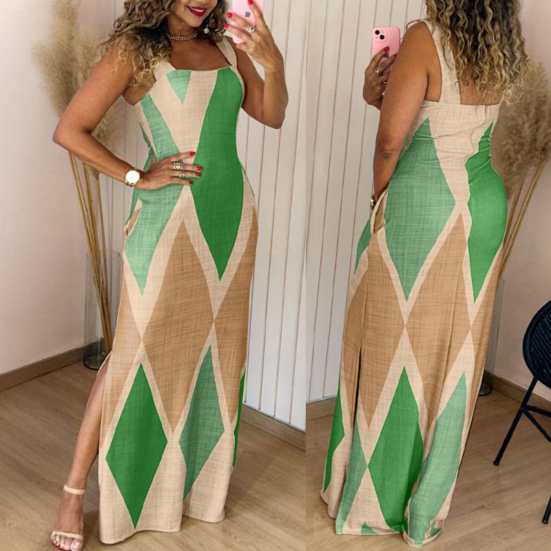 Women's Geometric Print Thick Strap Dress Casual Slim Fit Slit Maxi Dress with Pockets - Seldom Seen Styles