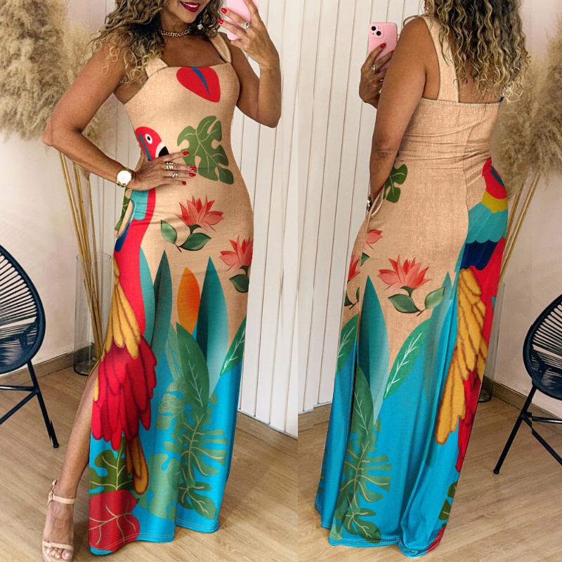 Women's Geometric Print Thick Strap Dress Casual Slim Fit Slit Maxi Dress with Pockets - Seldom Seen Styles