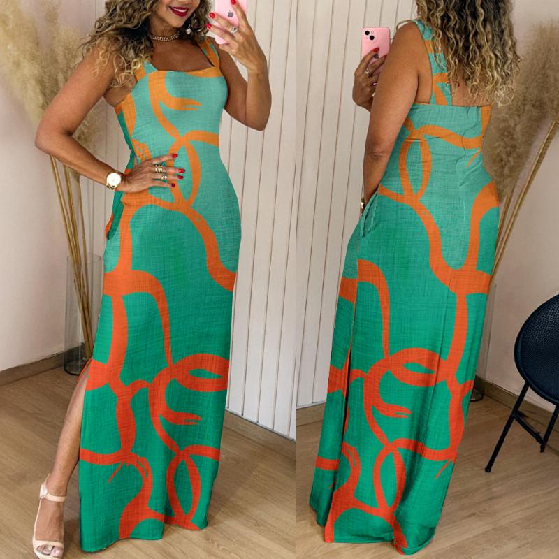 Women's Geometric Print Thick Strap Dress Casual Slim Fit Slit Maxi Dress with Pockets - Seldom Seen Styles