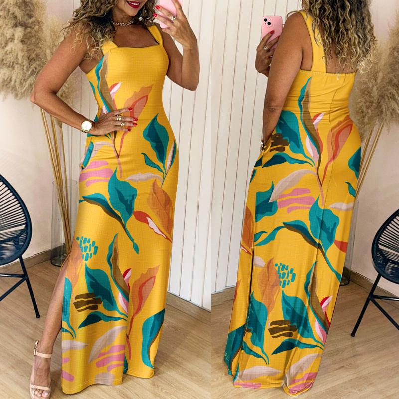 Women's Geometric Print Thick Strap Dress Casual Slim Fit Slit Maxi Dress with Pockets - Seldom Seen Styles