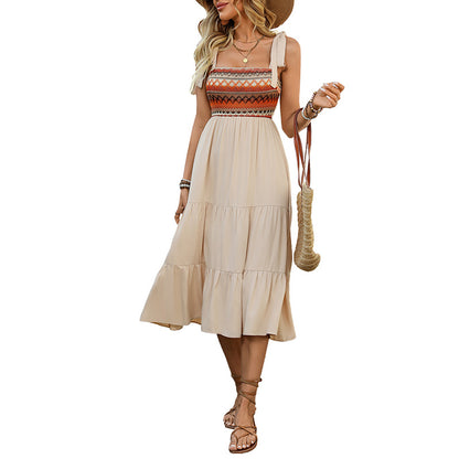 Women's Halter Neck Aztec Midi Dress – Boho Patchwork Cami Sundress for Beach Vacation, Casual Summer Flowing Dress - Seldom Seen Styles
