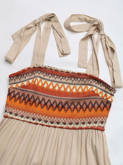 Women's Halter Neck Aztec Midi Dress – Boho Patchwork Cami Sundress for Beach Vacation, Casual Summer Flowing Dress - Seldom Seen Styles