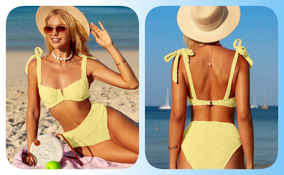 Women's High Waisted Bathing Suit Tie Shoulder Underwire Summer Swimsuit Bikini Set - Seldom Seen Styles