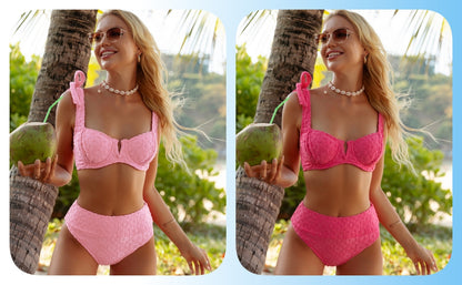 Women's High Waisted Bathing Suit Tie Shoulder Underwire Summer Swimsuit Bikini Set - Seldom Seen Styles