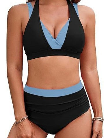 Women's High Waisted Bikini Sets Tummy Control Swimsuits Two Piece Color Block Modest Bathing Suit - Seldom Seen Styles