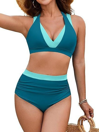 Women's High Waisted Bikini Sets Tummy Control Swimsuits Two Piece Color Block Modest Bathing Suit - Seldom Seen Styles