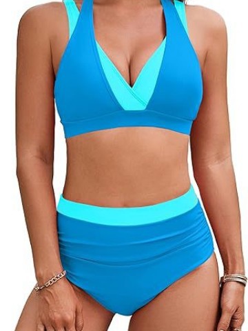 Women's High Waisted Bikini Sets Tummy Control Swimsuits Two Piece Color Block Modest Bathing Suit - Seldom Seen Styles