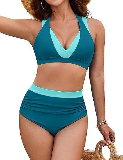 Women's High Waisted Bikini Sets Tummy Control Swimsuits Two Piece Color Block Modest Bathing Suit - Seldom Seen Styles