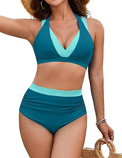 Women's High Waisted Bikini Sets Tummy Control Swimsuits Two Piece Color Block Modest Bathing Suit - Seldom Seen Styles