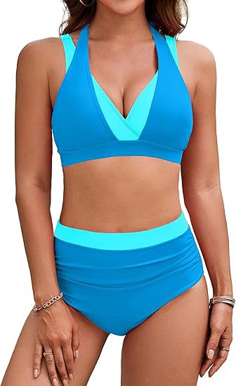 Women's High Waisted Bikini Sets Tummy Control Swimsuits Two Piece Color Block Modest Bathing Suit - Seldom Seen Styles