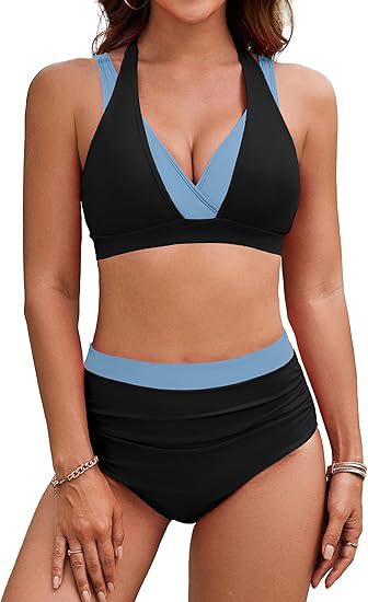 Women's High Waisted Bikini Sets Tummy Control Swimsuits Two Piece Color Block Modest Bathing Suit - Seldom Seen Styles