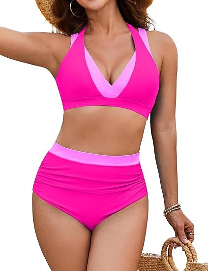 Women's High Waisted Bikini Sets Tummy Control Swimsuits Two Piece Color Block Modest Bathing Suit - Seldom Seen Styles