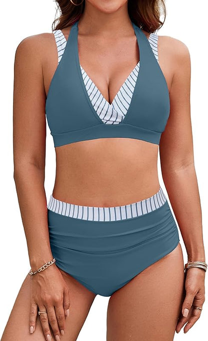 Women's High Waisted Bikini Sets Tummy Control Swimsuits Two Piece Color Block Modest Bathing Suit - Seldom Seen Styles