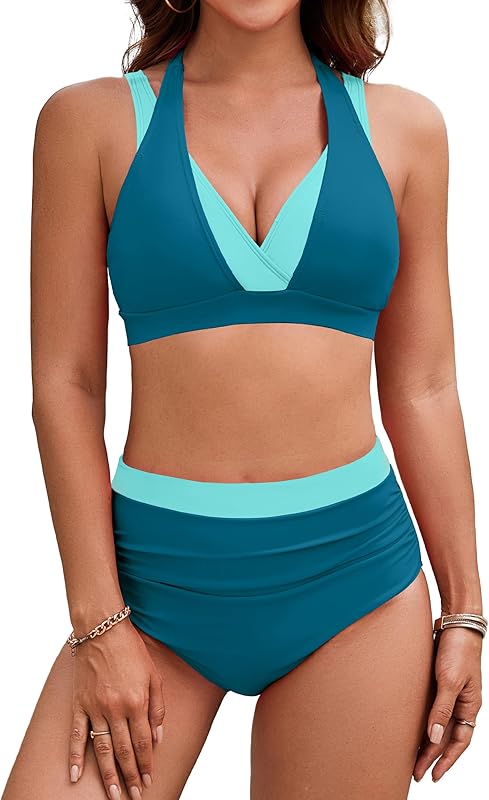 Women's High Waisted Bikini Sets Tummy Control Swimsuits Two Piece Color Block Modest Bathing Suit - Seldom Seen Styles
