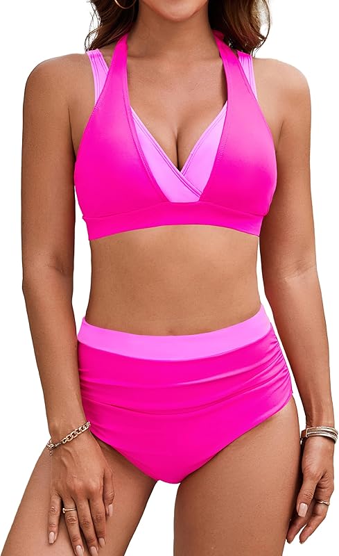 Women's High Waisted Bikini Sets Tummy Control Swimsuits Two Piece Color Block Modest Bathing Suit - Seldom Seen Styles