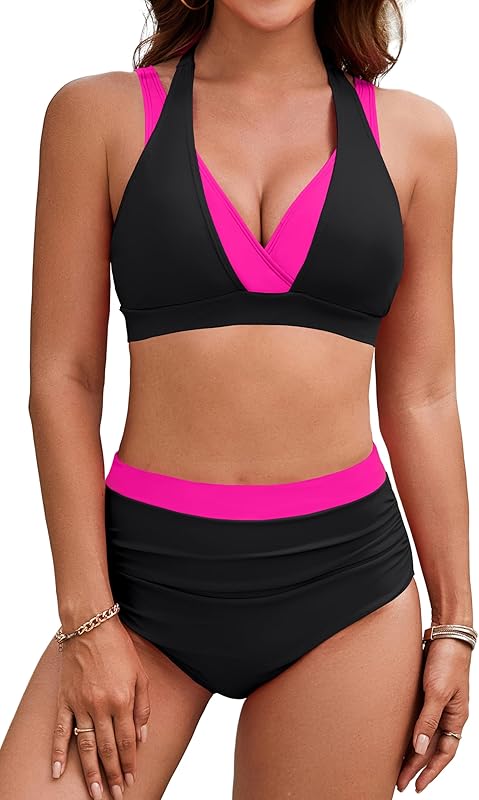 Women's High Waisted Bikini Sets Tummy Control Swimsuits Two Piece Color Block Modest Bathing Suit - Seldom Seen Styles