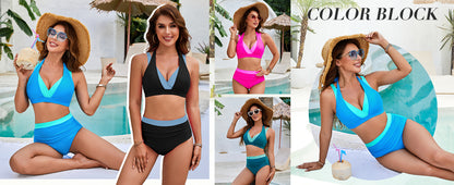 Women's High Waisted Bikini Sets Tummy Control Swimsuits Two Piece Color Block Modest Bathing Suit - Seldom Seen Styles